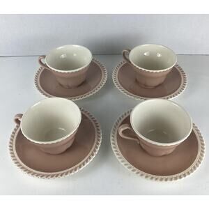 Harkerware Chesterton (4) Cups & Saucers Pink Cocoa Pie Crust Edge NICE